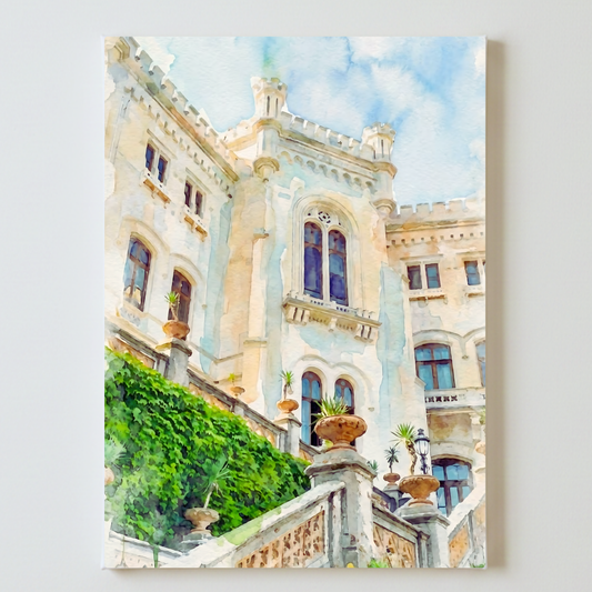 Miramare Castle Watercolor | Italian Seaside Palace Art